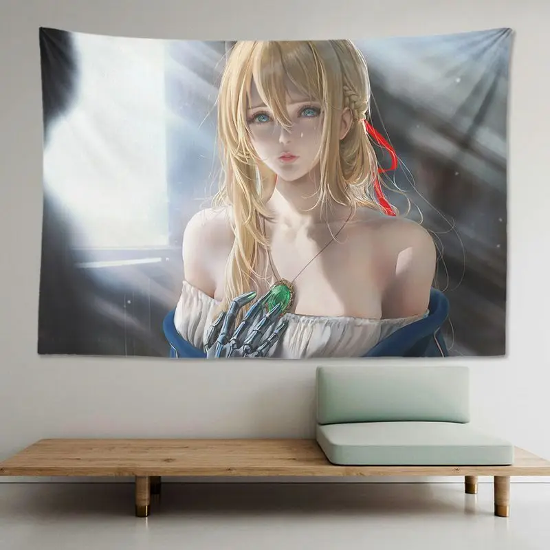 VIKAMA Violet Evergarden Anime Girl Tapestry Art Print Wall Hanging Aesthetic Dorm Bedroom Decor Kawaii Polyester Cloth