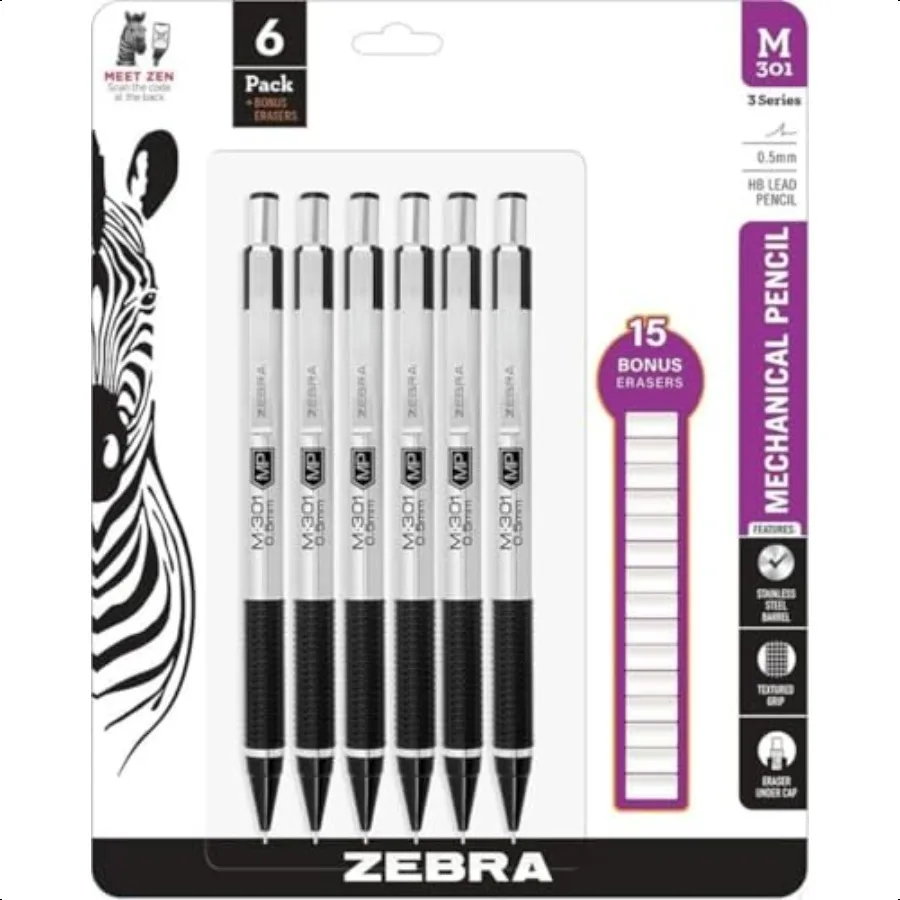 

Механические карандаши Zebra M301, стандартный карандаш HB из нержавеющей стали 0,5 мм, 6 шт. в упаковке с 15 сменными ластиками
