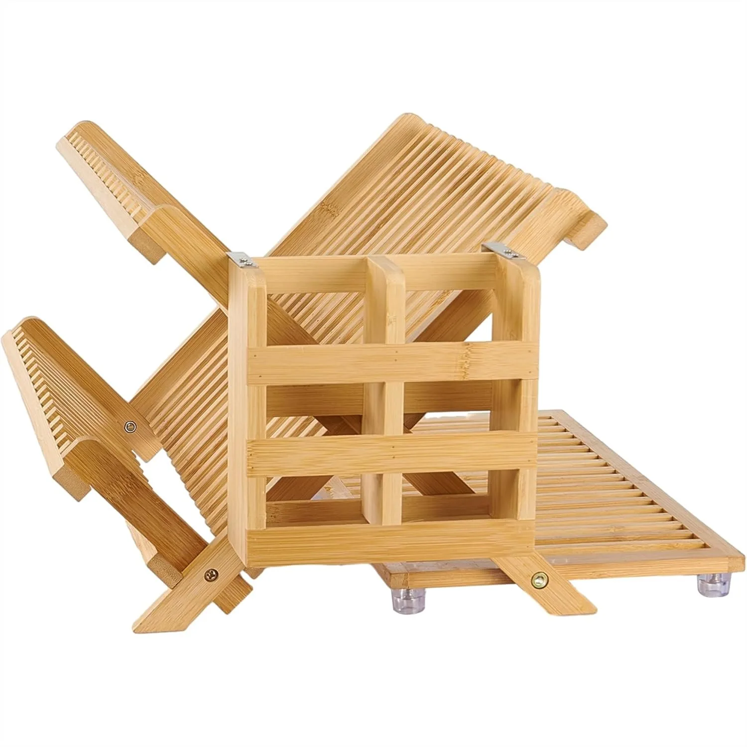 

Bamboo Dish Drying Rack with Utensil Holder, 3-Tier Collapsible Wooden Dish Drainer, Large Folding Drying Holder for Kitchen