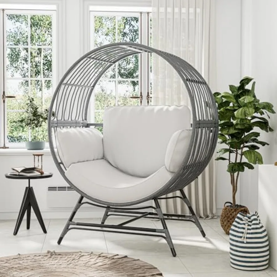 Indoor/Outdoor oversized egg chair for balcony, porch, living room, backyard; rattan wicker material, beige color, thickened cu