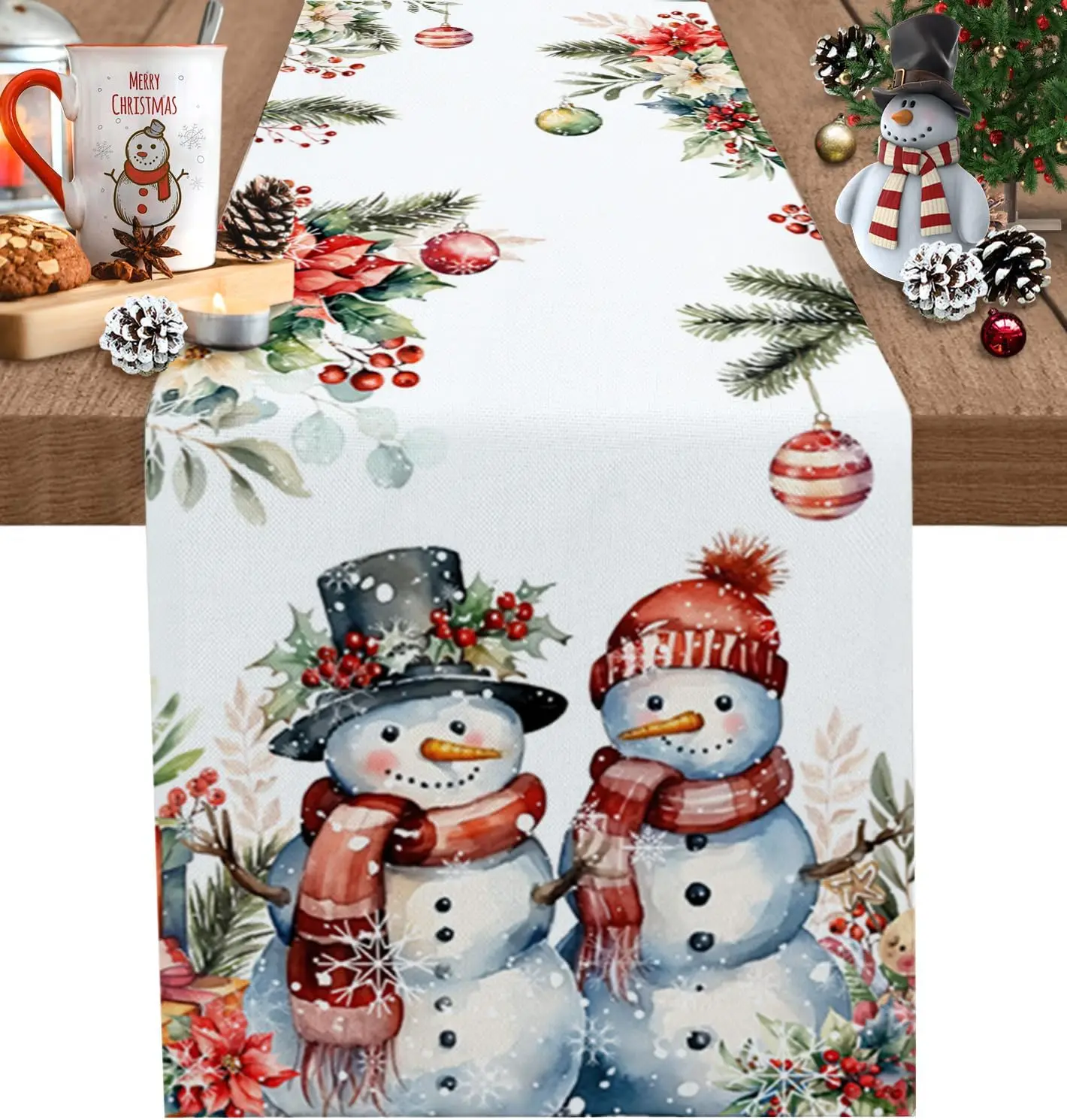 Christmas Poinsettia Snowman Ball Linen Table Runner Table Decor Winter Xmas Snowflake Table Runners Holiday Kitchen Party Decor