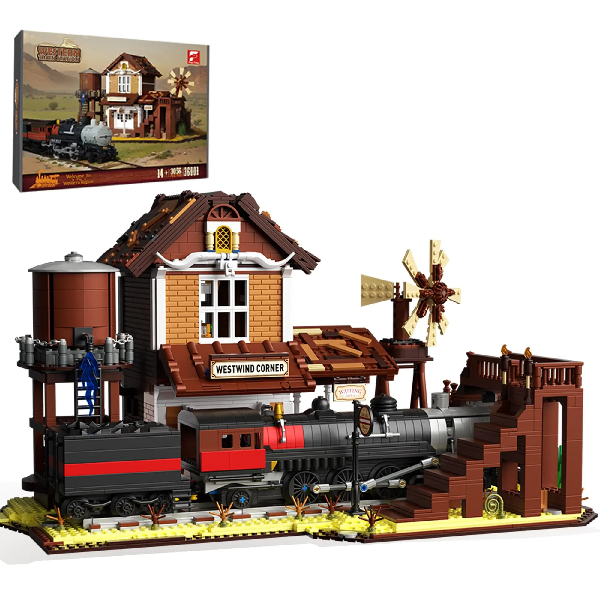 

3885PCS Western Railway Station Building Blocks Steam Train City Street View Model Bricks Educational DIY Toys Holiday Gift