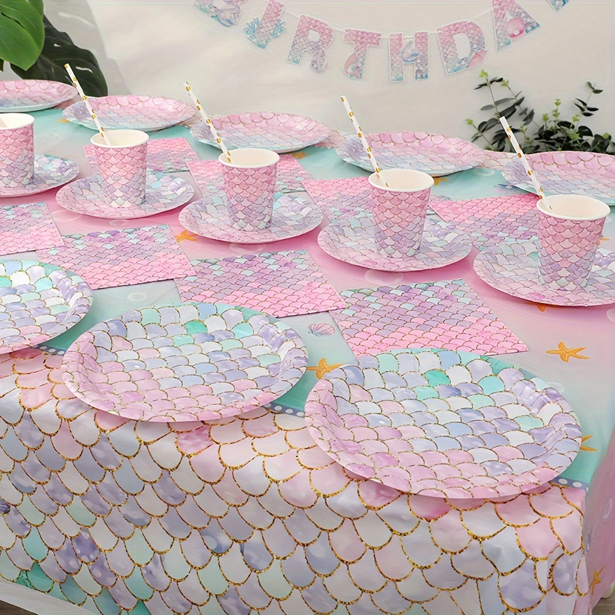 Mermaid scale Theme Birthday Party Decorations Disposable Tableware Set Paper Plates Napkins Cups