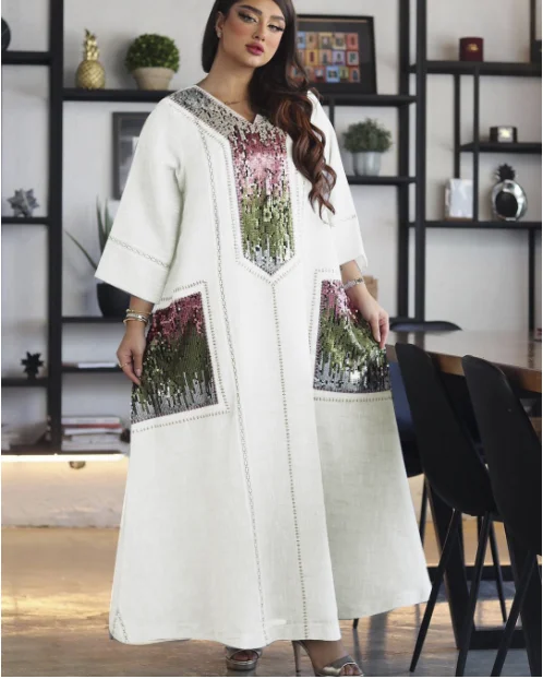 White Sequins Embroidery Abaya Dress For Women Moroccan Dubai Turkey Arabic Jalabiya Muslim Party Evening Clothes Eid