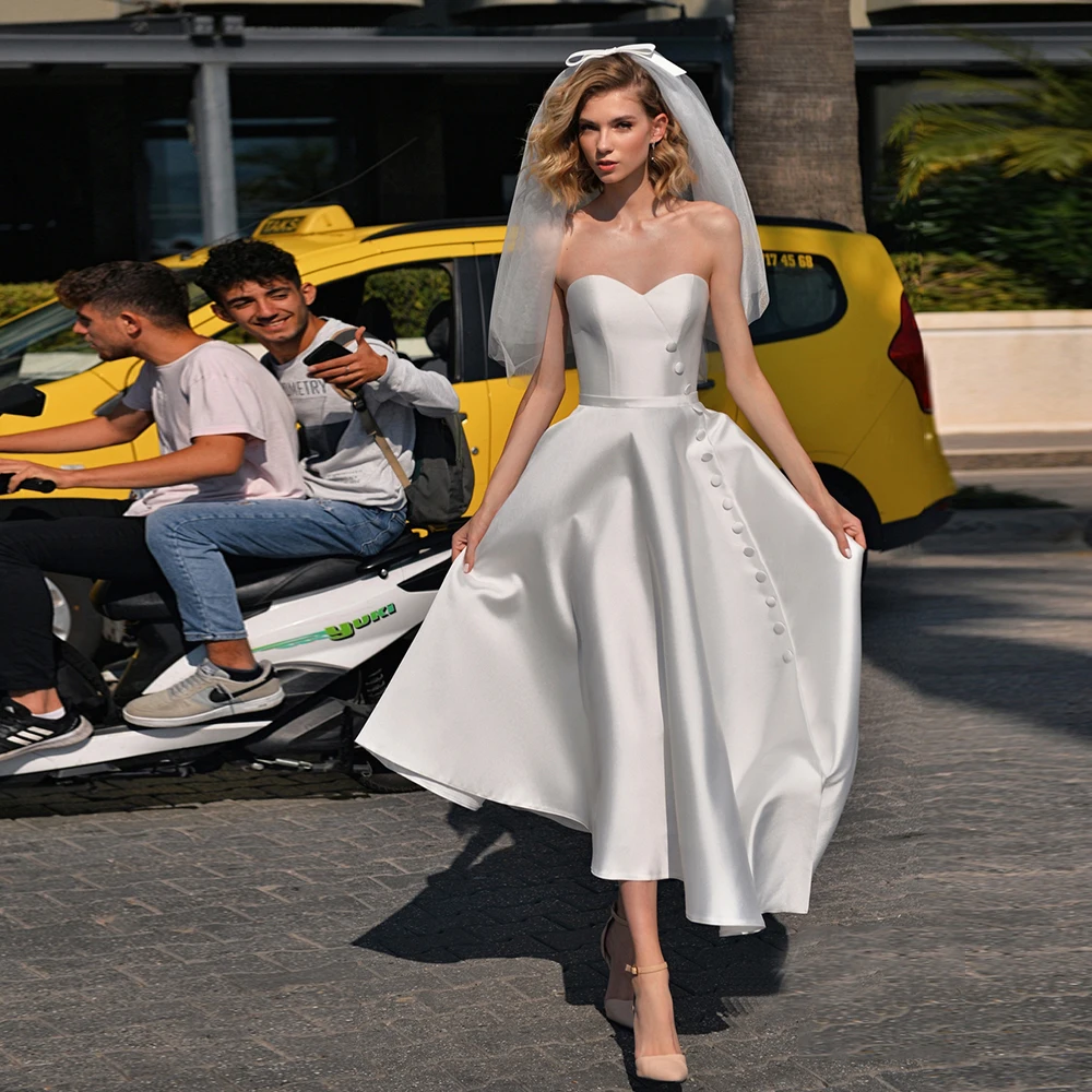 Elegant Mid-Calf Wedding Dress For Bride 2024 Elastic Satin Bridal Gown Sweetheart Neck Zipper Back A Line Vestidos De Novia