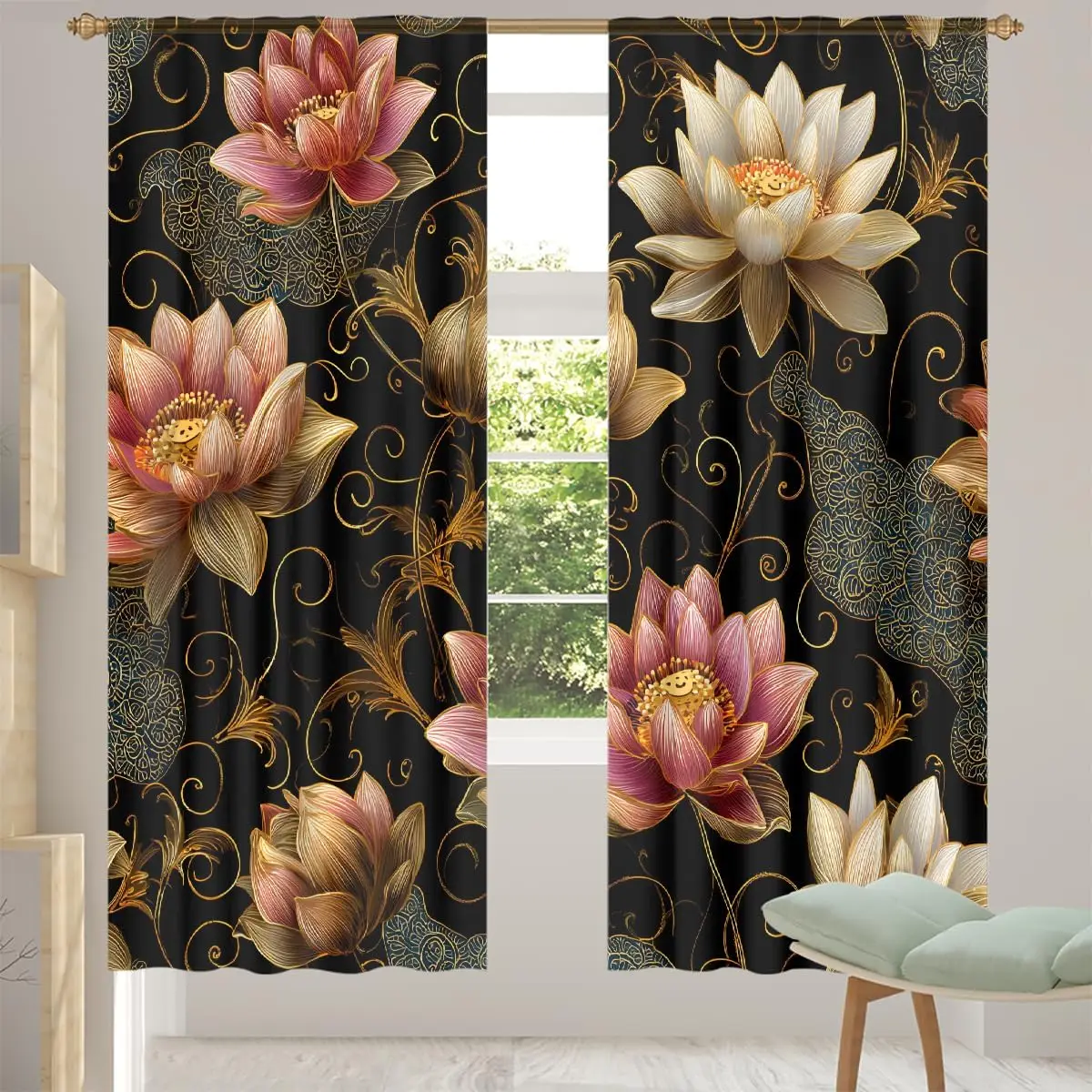Elegant Golden Line Water Lily Blackout Curtain 2 Panels Black Background Lotus Swirl Vine Print Window Drape Luxury Oriental