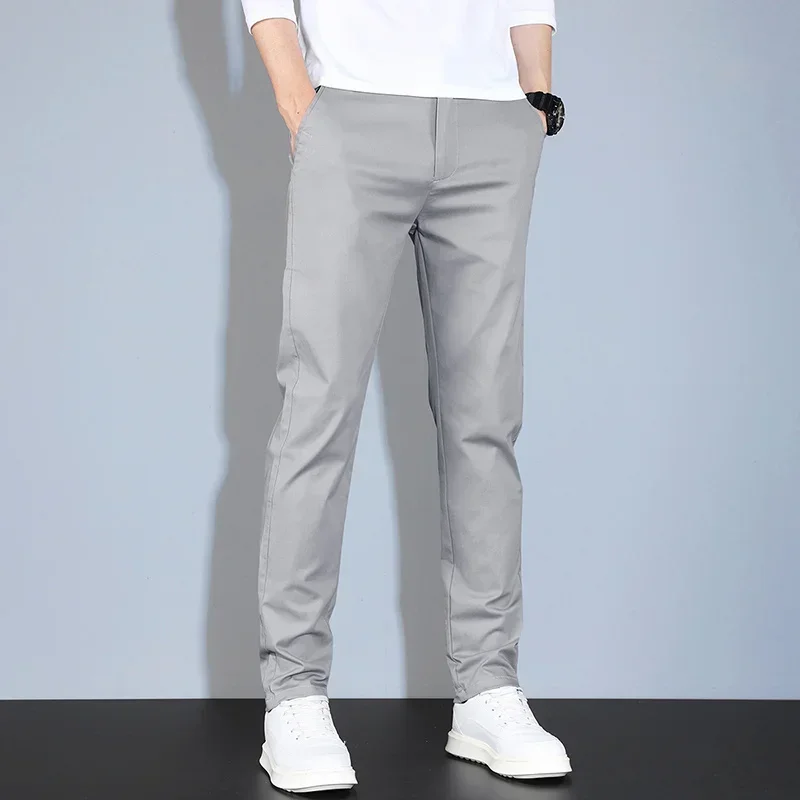 Summer Casual Men Soft Comfortable Khaki Gray Elastic Waist Business Straight Trousers Ultra-thin Ice Silk Pants Brand Clothing