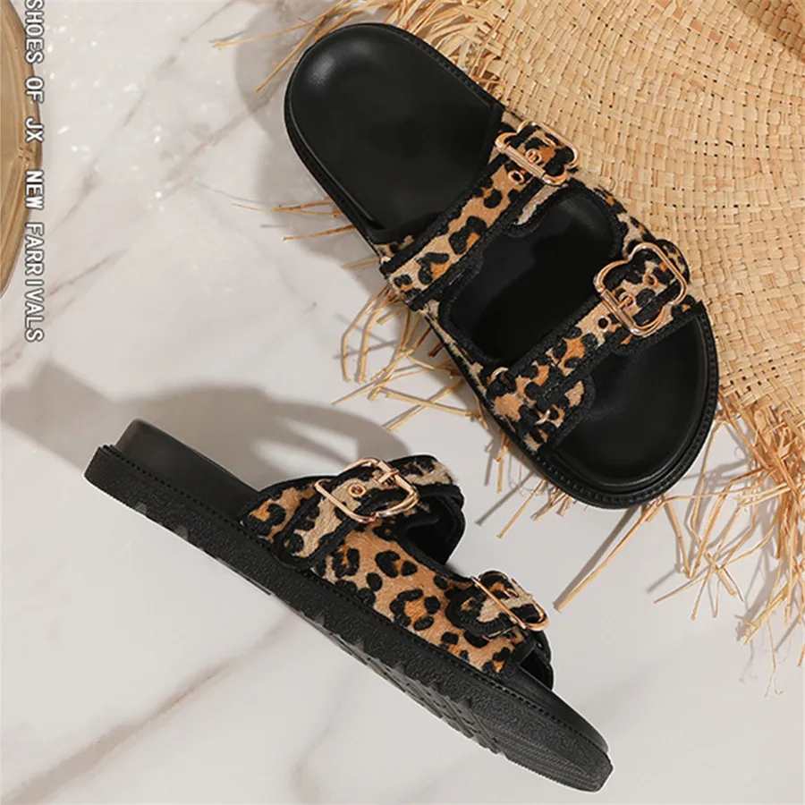 Horsehair Women Slippers Thick Sole Platform Shoes Woman 2024 Trend Leopard Print Sandals Ladies Beach Slides Big Size 43