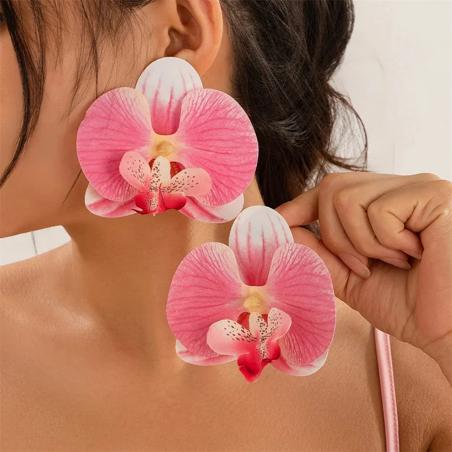 Exaggerated Sweet Colorful large Butterfly Orchid Flower Stud Earrings for Women 2024 Korean Fashion Piercing Earrings Party