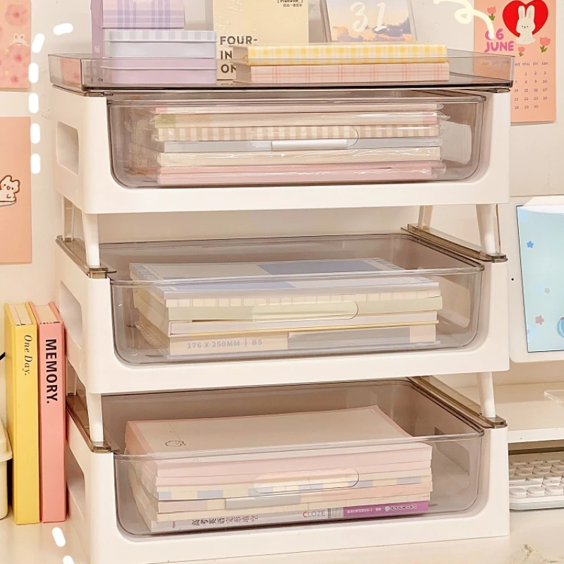 Desktop Stacking Storage Box Cosmetics Storage Rack Office Workstation A4 Paper Storage Rack Cup Holder Transparent Drawer Boxes