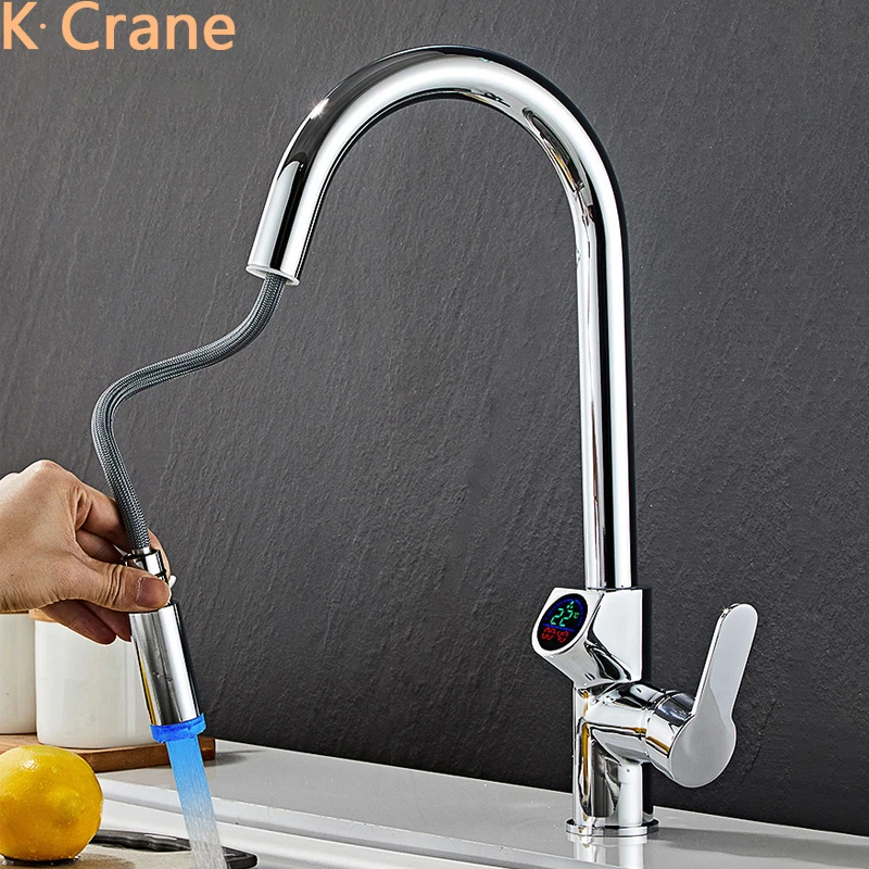 

LED Digital Faucet Kitchen Sink Hot Cold Mixer Tap Pull Out Copper Water Crane Silver Chrome 360 Degree Rotation Brass Faucets