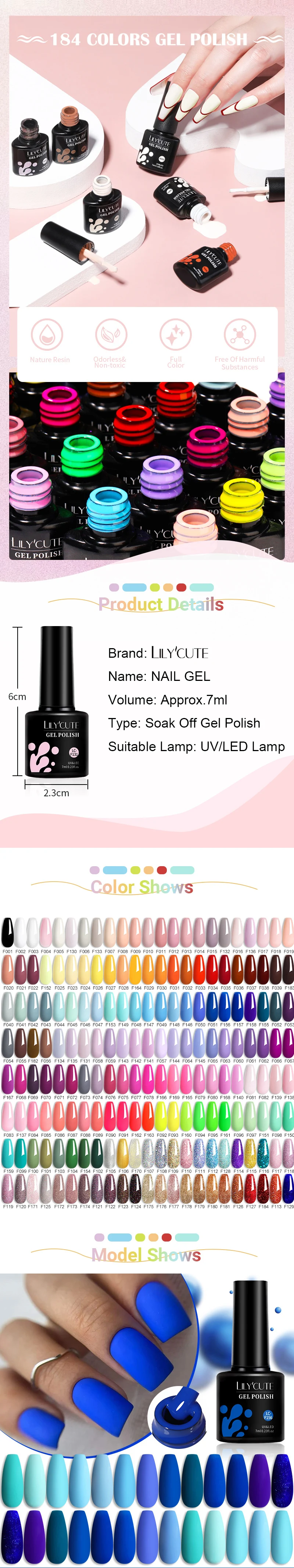 LILYCUTE 7 ml 184 Farben Nagelgelpoliermittel, glänzender roter Glitzer, semi-permanenter Nail-Art-Lack, langlebige UV-LED-Gel-Maniküre – Detail 1