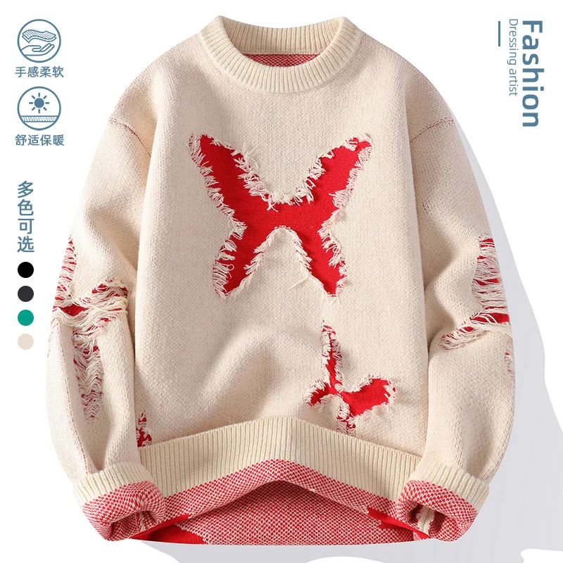 

Модный вязаный свитер High Street, модный вязаный пуловер с нашивками, осень-зима, повседневный повседневный теплый пуловер