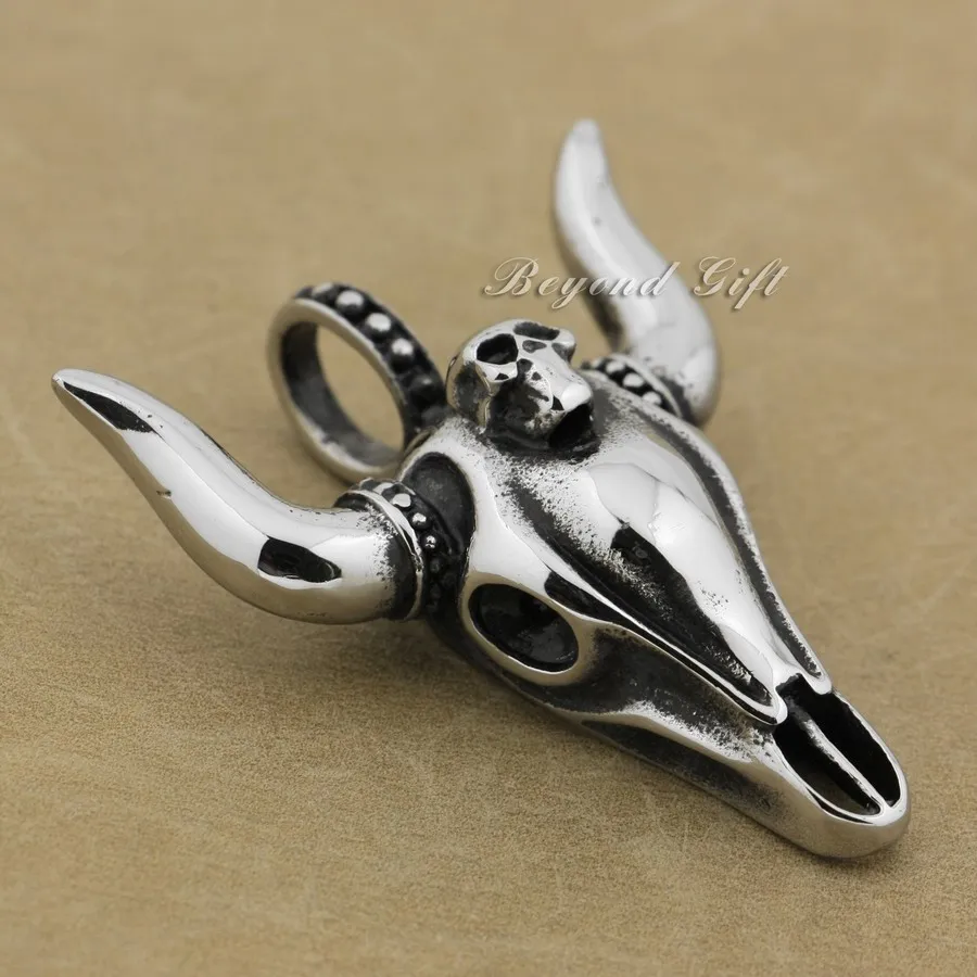 

Stainless Steel Big Buffalo Skull Pendant Bull Horn Punk Style AJ023 Steel Necklace 24"