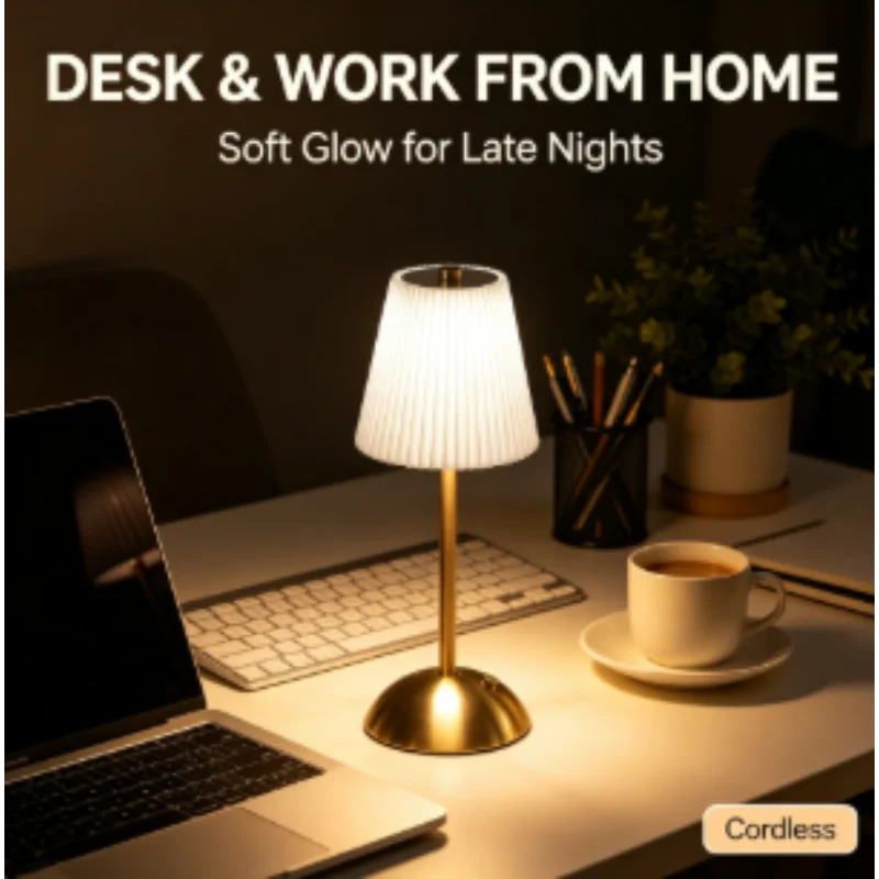 Night Light Table Lamp Small Pleated USB Rechargeable Cordless Portable for Bedroom Desk Living Room Home Office Decor