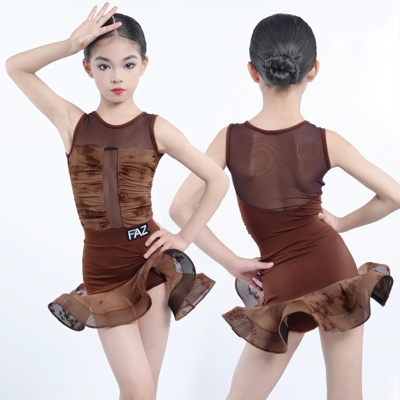 

2025 Summer New Latin Dance Costume Children Prom Waltz Tango Practice Clothes Girl Coffee Sleeveless Line Dance Clothing XH2666