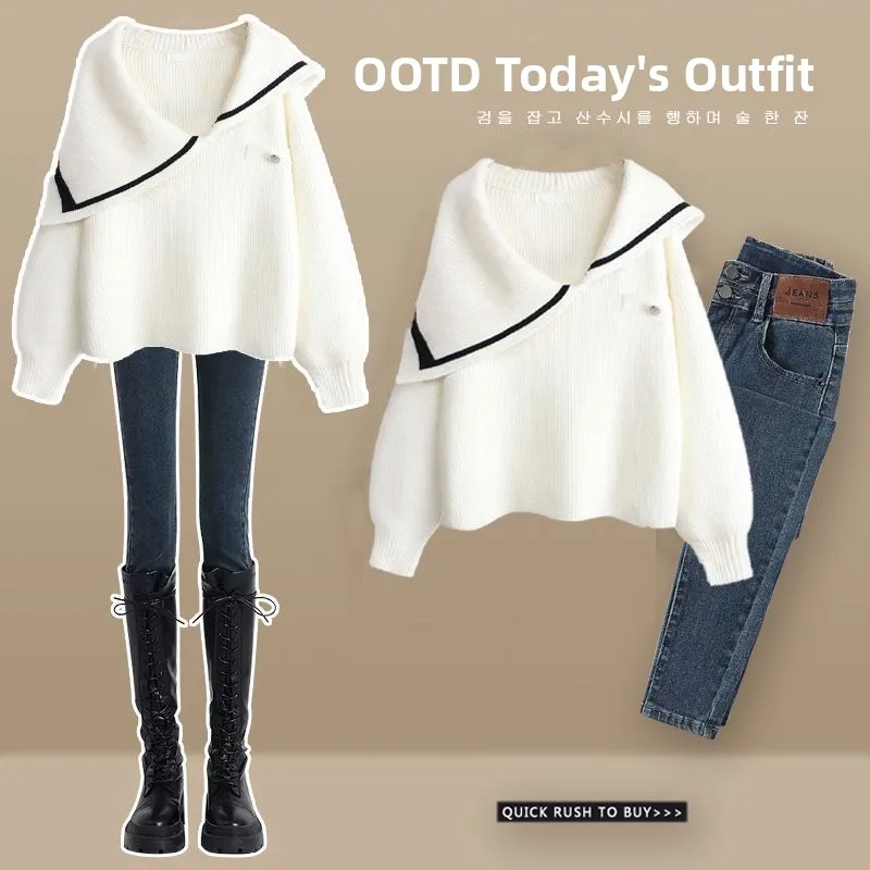 

plus Size Women's Profional Spring Autumn Set Soft Sle Slimming Knitted Sweater Jeans Two Piece Set Ele Faion