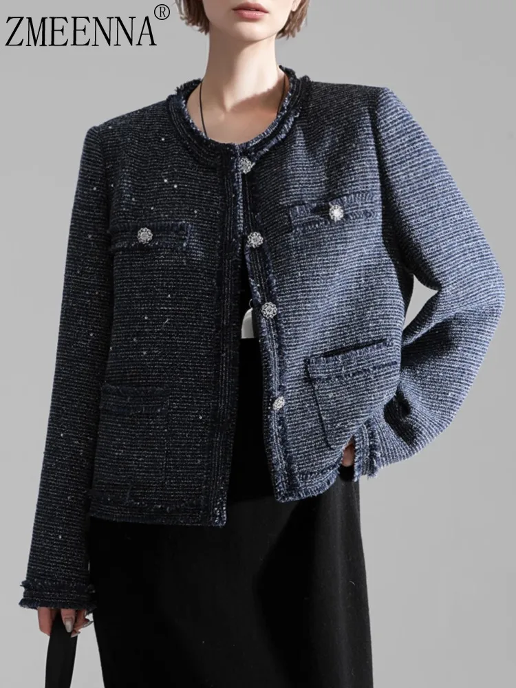 ZMEENNA Elegante marineblaue Tweed-Jacke für Damen, kurzer Mantel, ausgefranste Besatzknöpfe, lange Ärmel, Rundhalsausschnitt, Oberbekleidung ZM4340
