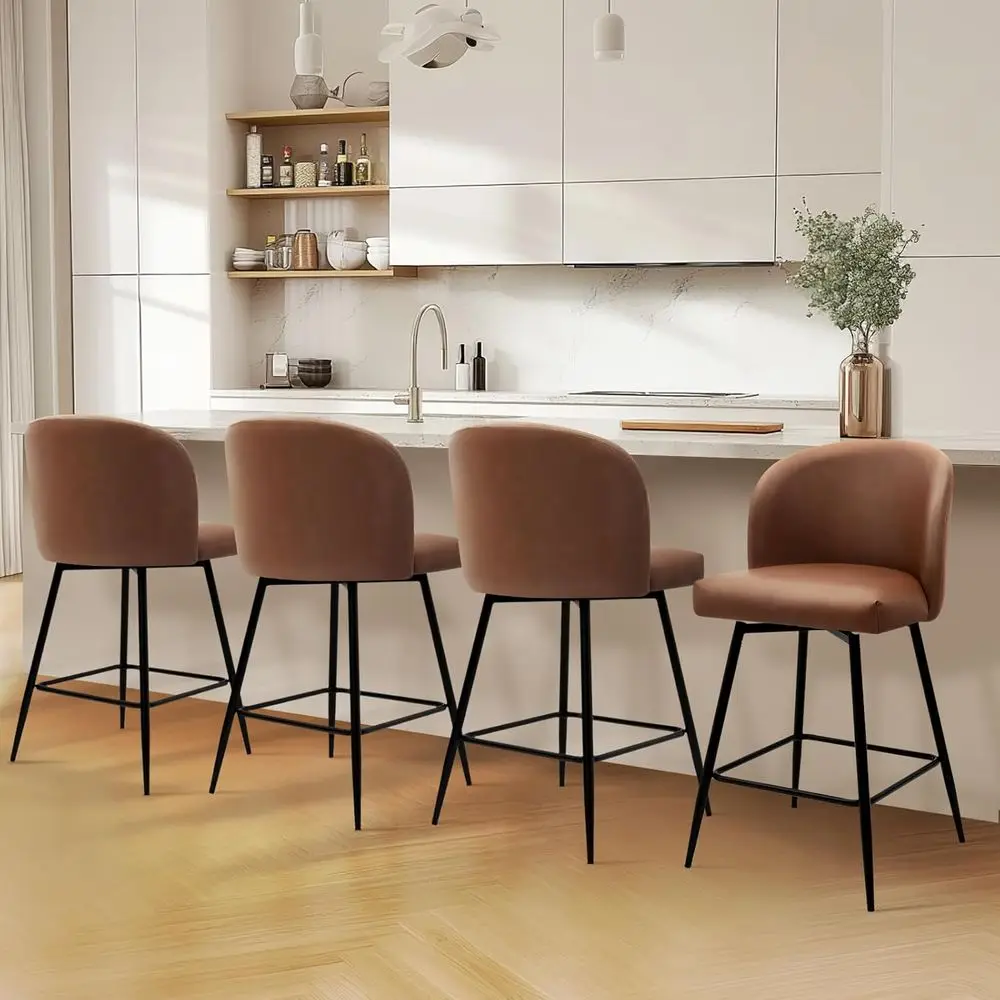 

4-Piece Swivel Upholstered Bar Stools with Backs, 26 Seat Height, faux Leather, Walnut Brown