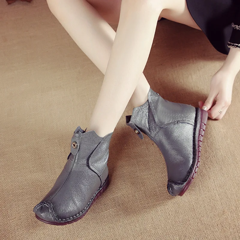 2022 Winter Genuine Leather Women Ankle Boots Handmade Embroider Ethnic Style Vintage Women Shoes Flat Boots For Gift