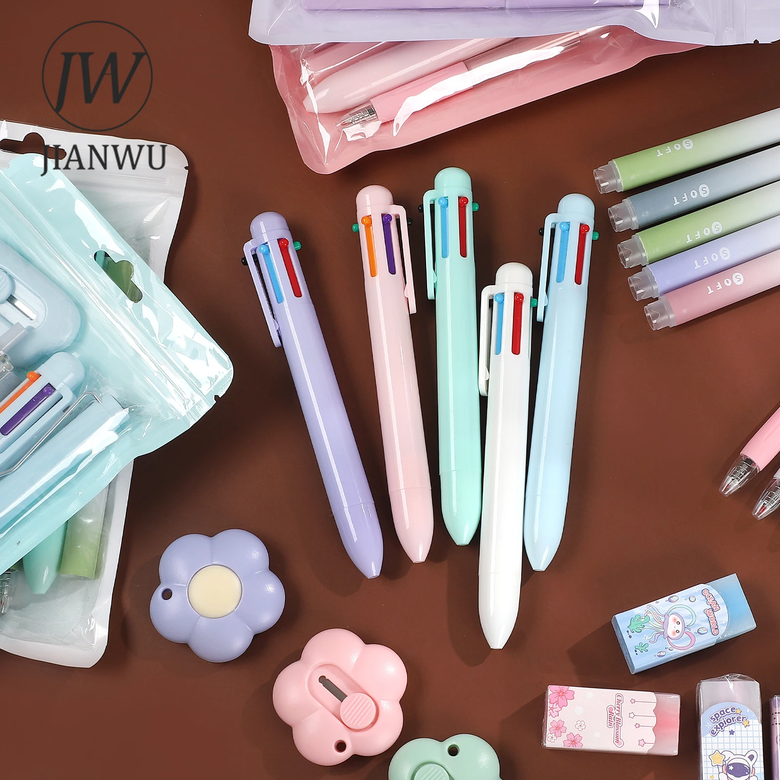 

Набор канцелярских принадлежностей JIANWU7: 7 предметов в цветах макарон — ручка, ластик, канцелярский нож, корректирующая лента. Креативные товары для студентов.