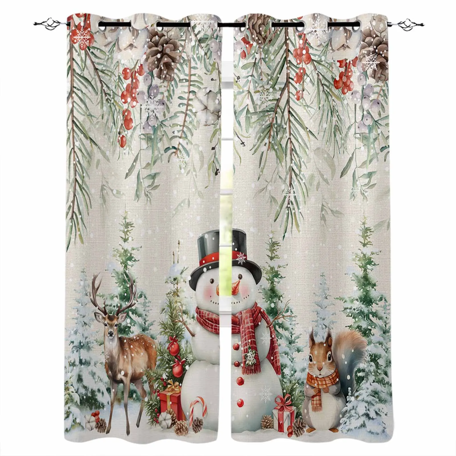 Christmas Berry Pine Snowman Squirrel Treatments Curtains Valance Living Room Curtain Curtains Bedroom Decor Kids Room Curtain