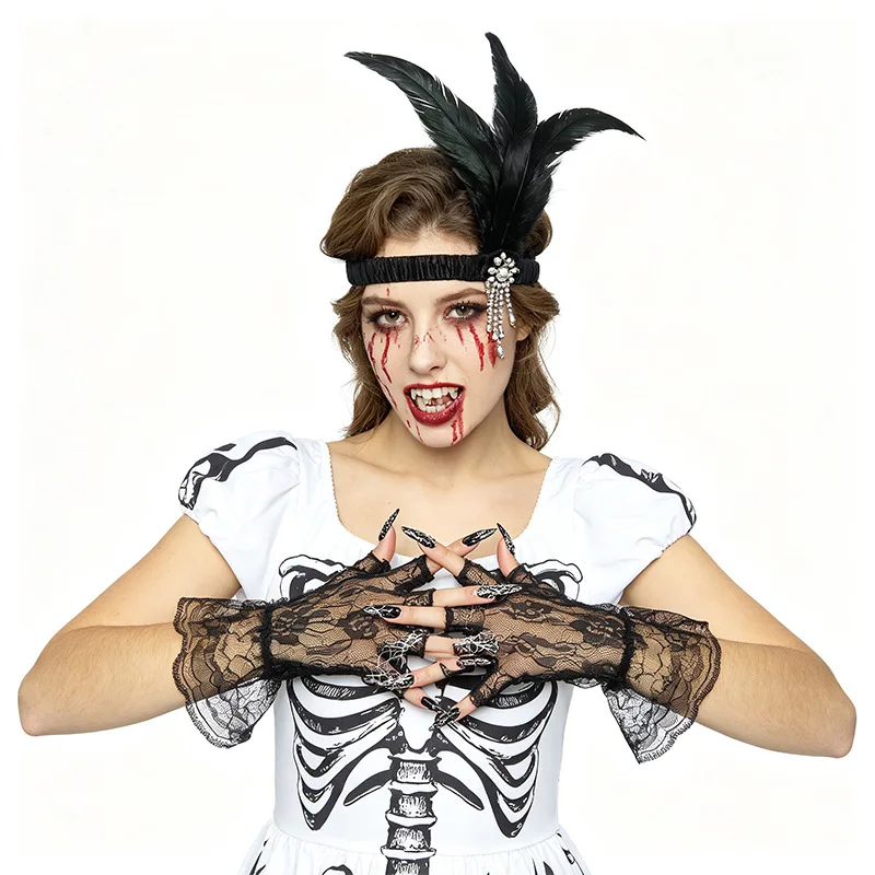 Feather Headpiece Black Lace Gloves 2 Piece Set Retro Halloween Masquerade Party Costume Women Lightweight Accessory