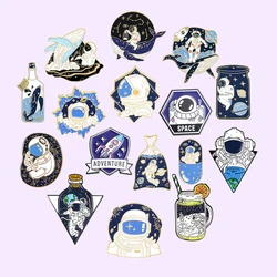 Space Whale Series Enamel Pin Rocket Launches Astronaut Adventure Universe Brooches Clothes Lapel Pin Metal Badge Jewelry Gift