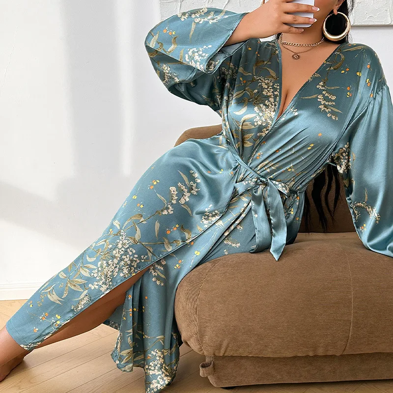 Printed Satin Prom Dress Belted Sexy V Neck Full Sleeves Light Blue Party Gown Casual Guest Birthday Evening Robe