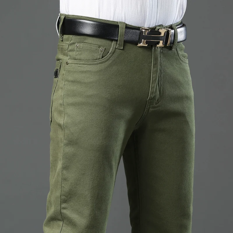 Autumn 96% Cotton Men's Stretch Slim Jeans Army Green Soft Comfortable Casual Straight Denim Pants Trousers Large Size 42