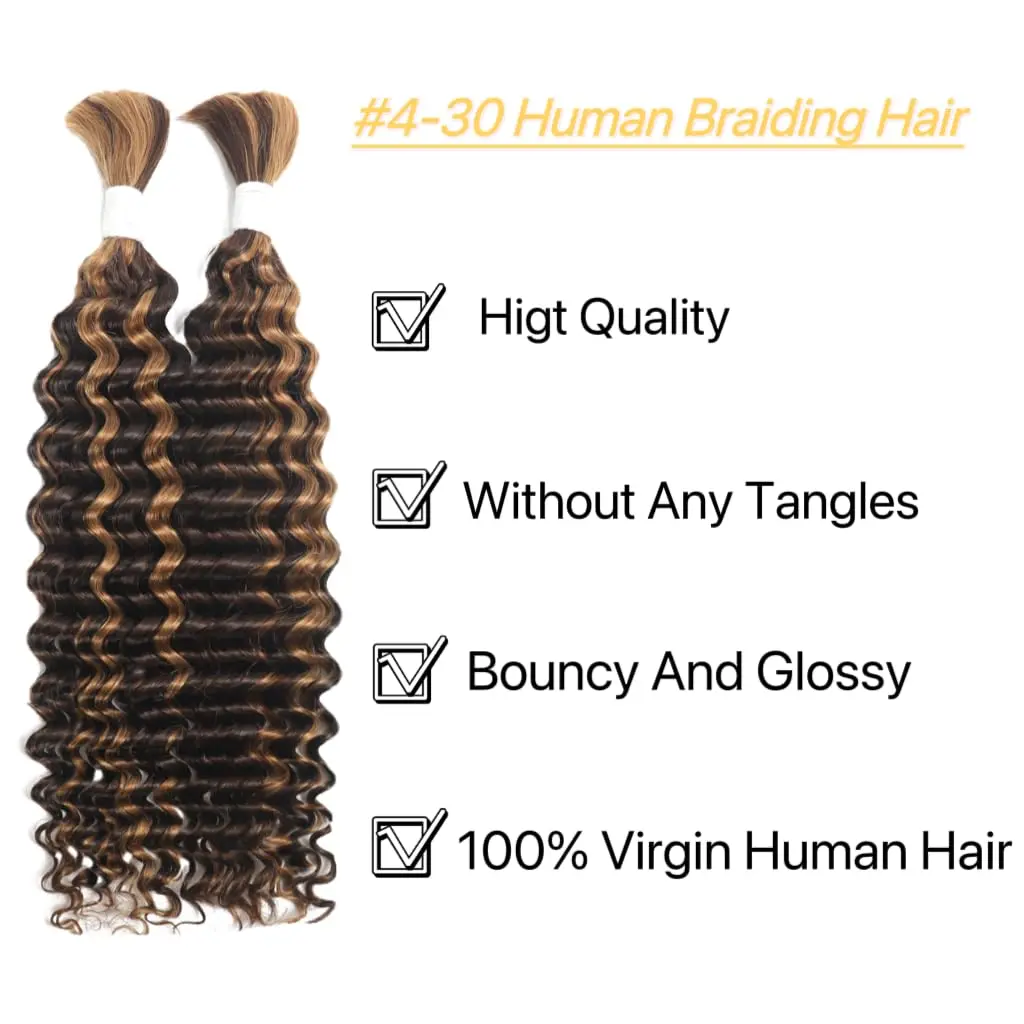 P430-Cabello humano virgen brasileño 100% sin procesar, cabello humano de onda profunda a granel, 2 trenzas, 100g, microtrenzado sin hilo de trama