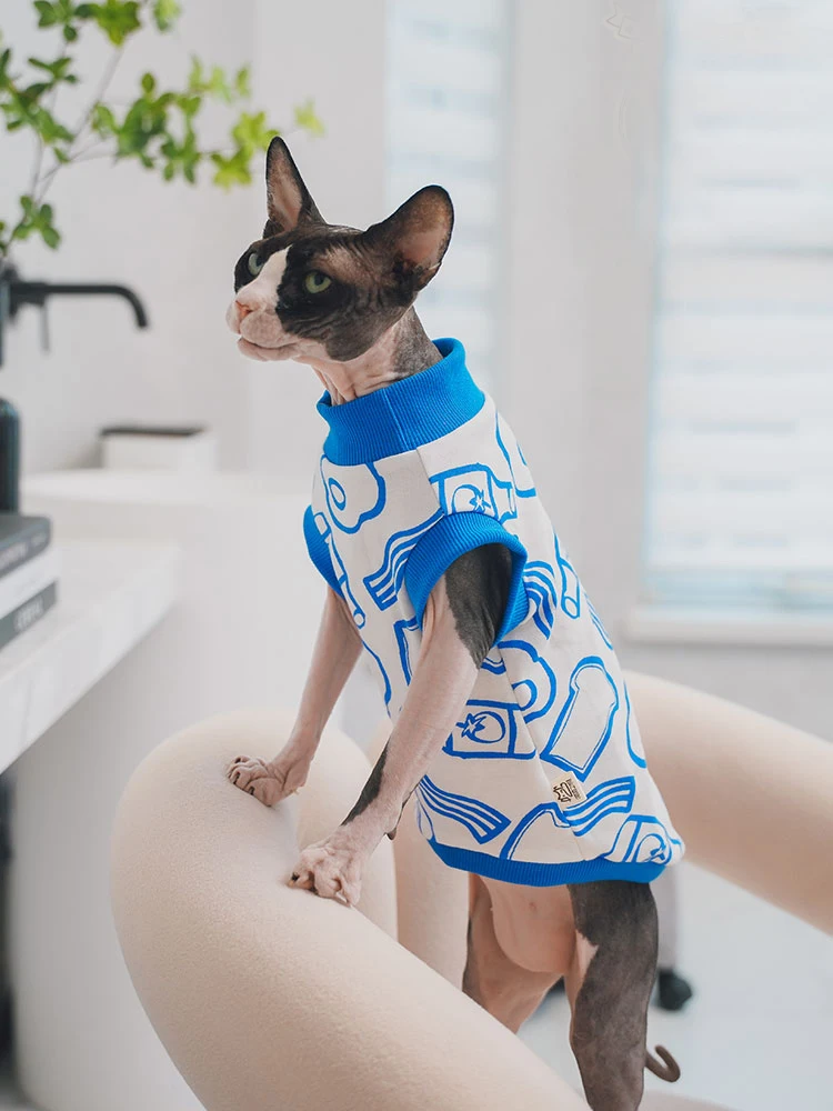 Sphynx Cat Blue Cotton Vest Hairless Cat Clothes Spring Cartoon T-Shirt for Devon Rex Comfort Coat in Summer Outwear For Kittens