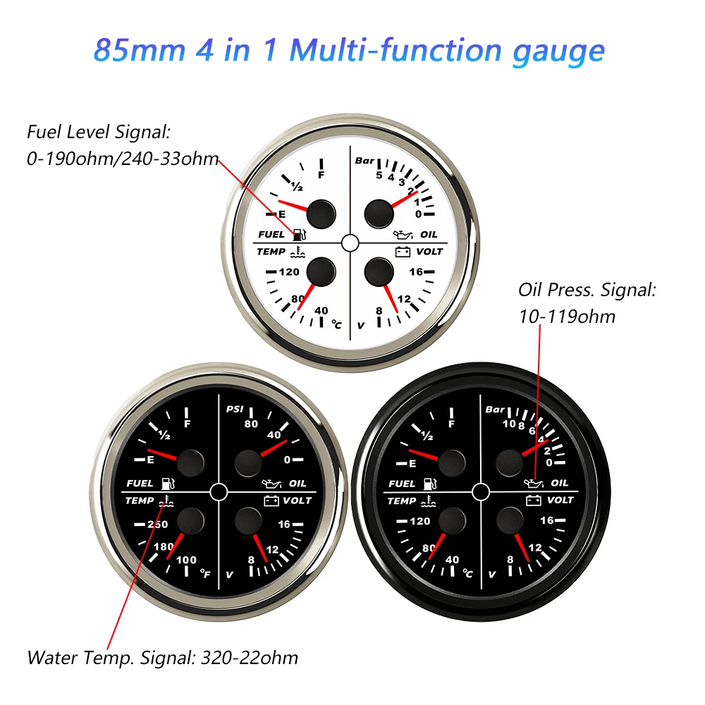 Rhaxel 85mm 4 in 1 Multifunctional Gauge Oil Pressure Fuel Level Water Temp 8-16 V Voltmeter with Red Backlight for Car Truck