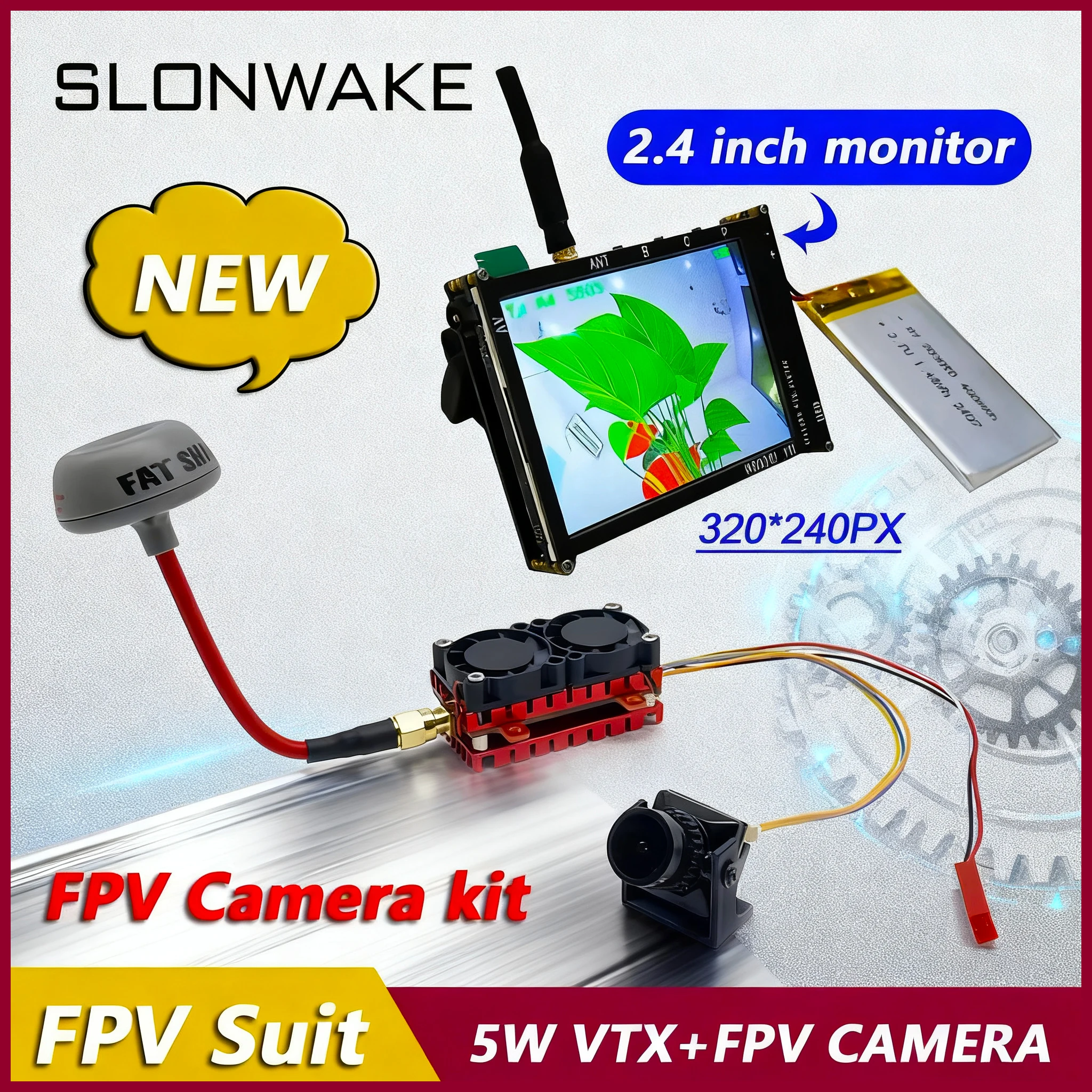 SLONWAKE Long Range 5W 5.8G 48CH FPV VTX Transmitter and B19 1500TVL Camera 2.1mm lens with 2.4 inch fpv mini monitor for Analog