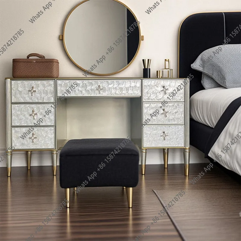 

American desk dresser integrated multi-drawer large-capacity storage cosmetic table champagne silver light luxury chest