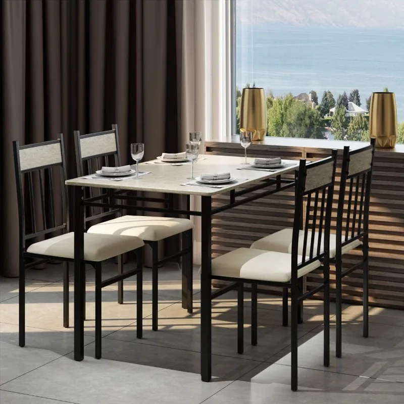 5 Piece Kitchen Dining, Modern Include 1 Rectangular Four High-Back Table & Chair Sets,