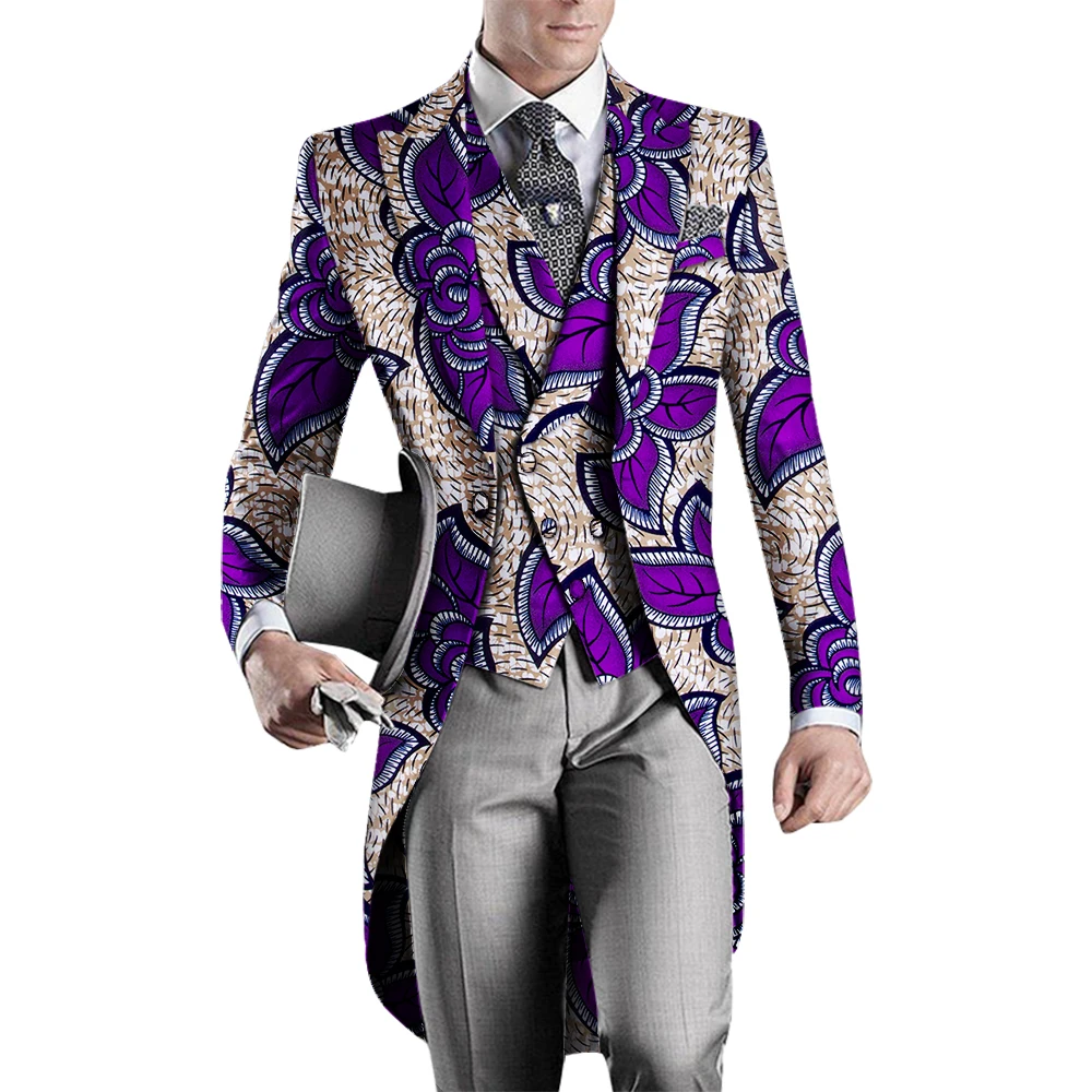 2 Pieces African Clothes for Mens African Printed Long Blazer Jacket and Vest Men Slim Suits Tailcoat Swallowtail Party WYN960
