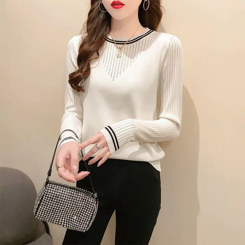 spring autumn new Solid color sweater women Round neck Long Sleeve fashion Pullovers elegant Hollow out thread patchwork tops