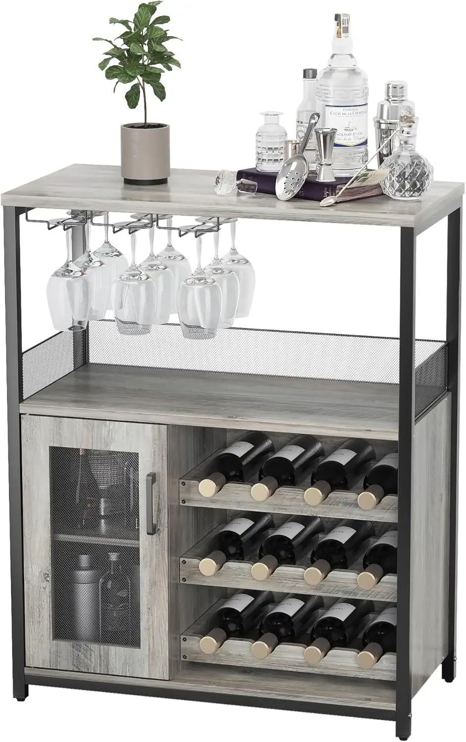 

Wine Bar Cabinet With Detachable Wine Rack, Wood Bar Cabinet With Storage Space & Glass Holder, Mesh Door, Small Modern Buffet