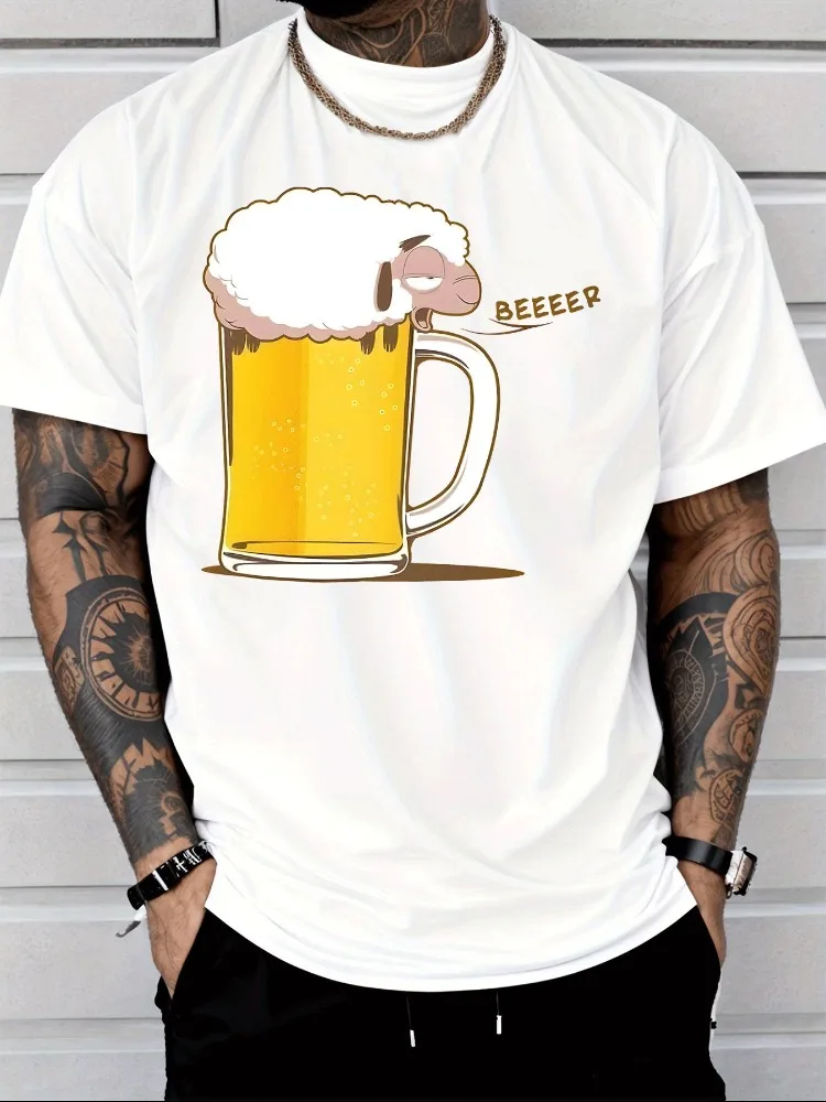 Mens Summer Crew Neck Short Sleeve T Shirt Funny Sheep Beer Mug BEEEEER Print White Tee Casual Party Daily Loose Fashion Top