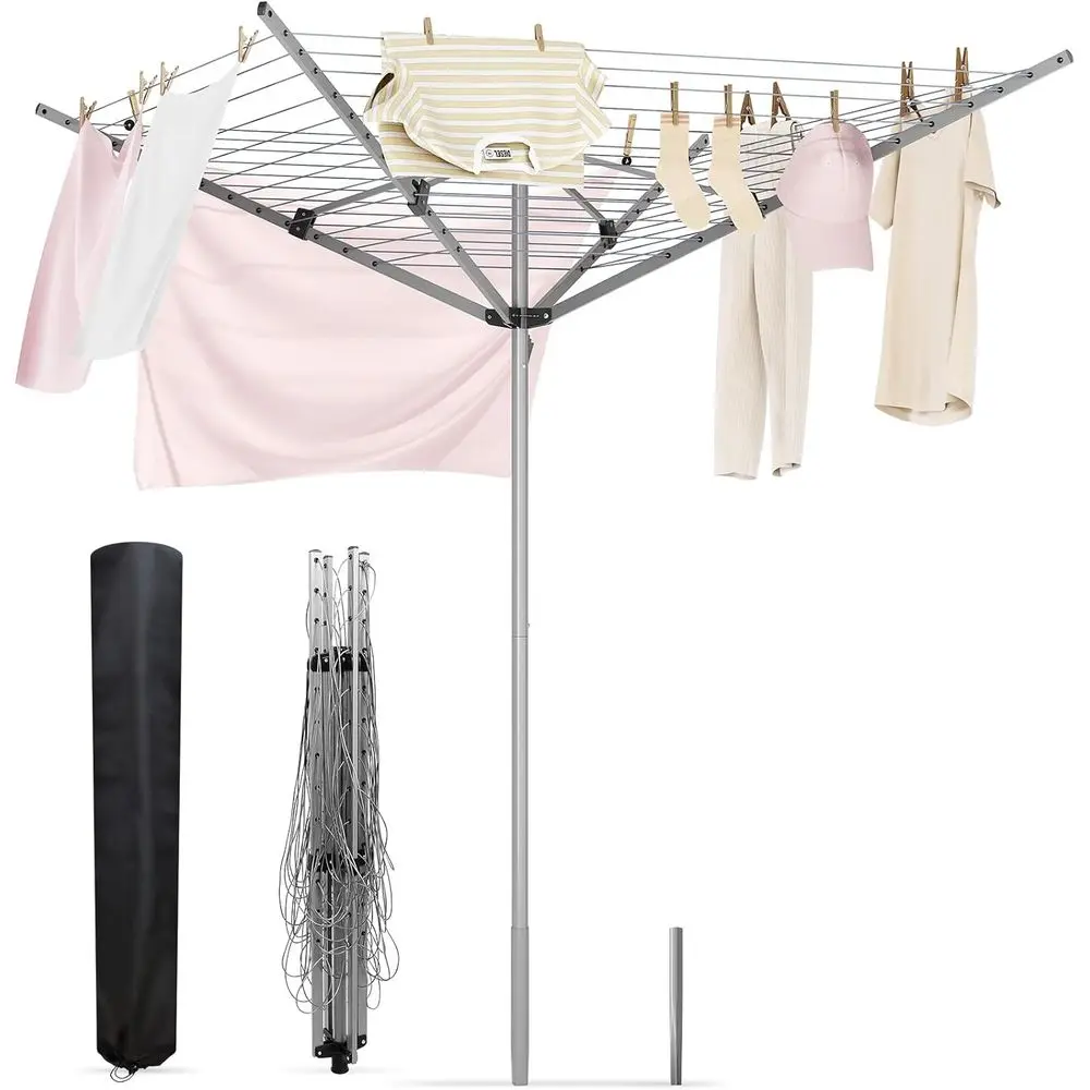 4-Arm Rotary Metal Clothes Drying Rack, Collapsible Outdoor/Lawn Garden Rack, 70.87 H