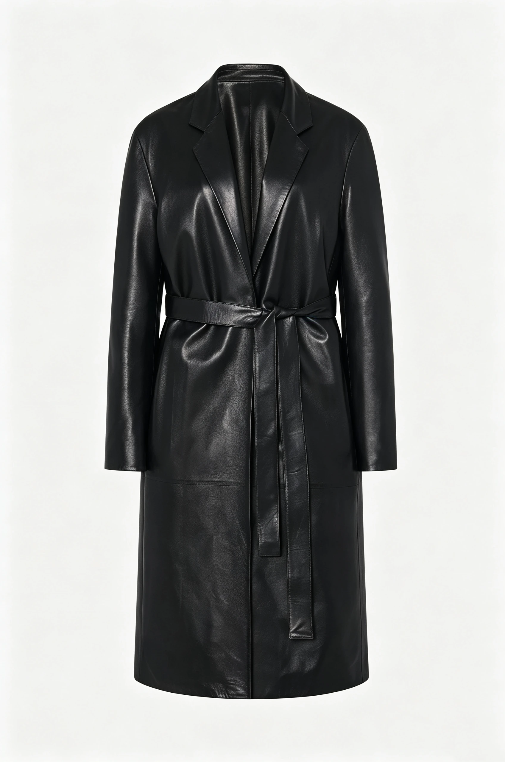 Minimalist Black Open Front Leather Trench Coat with Wide Lapel and Longline Silhouette