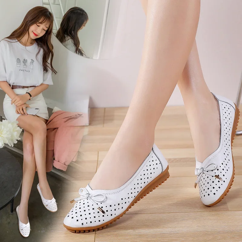 2024 summer Women Cutouts Genuine Leather Mom Shoes Comfortable Flats Nurse Casual slip-on ballet flat loafers size 35-42