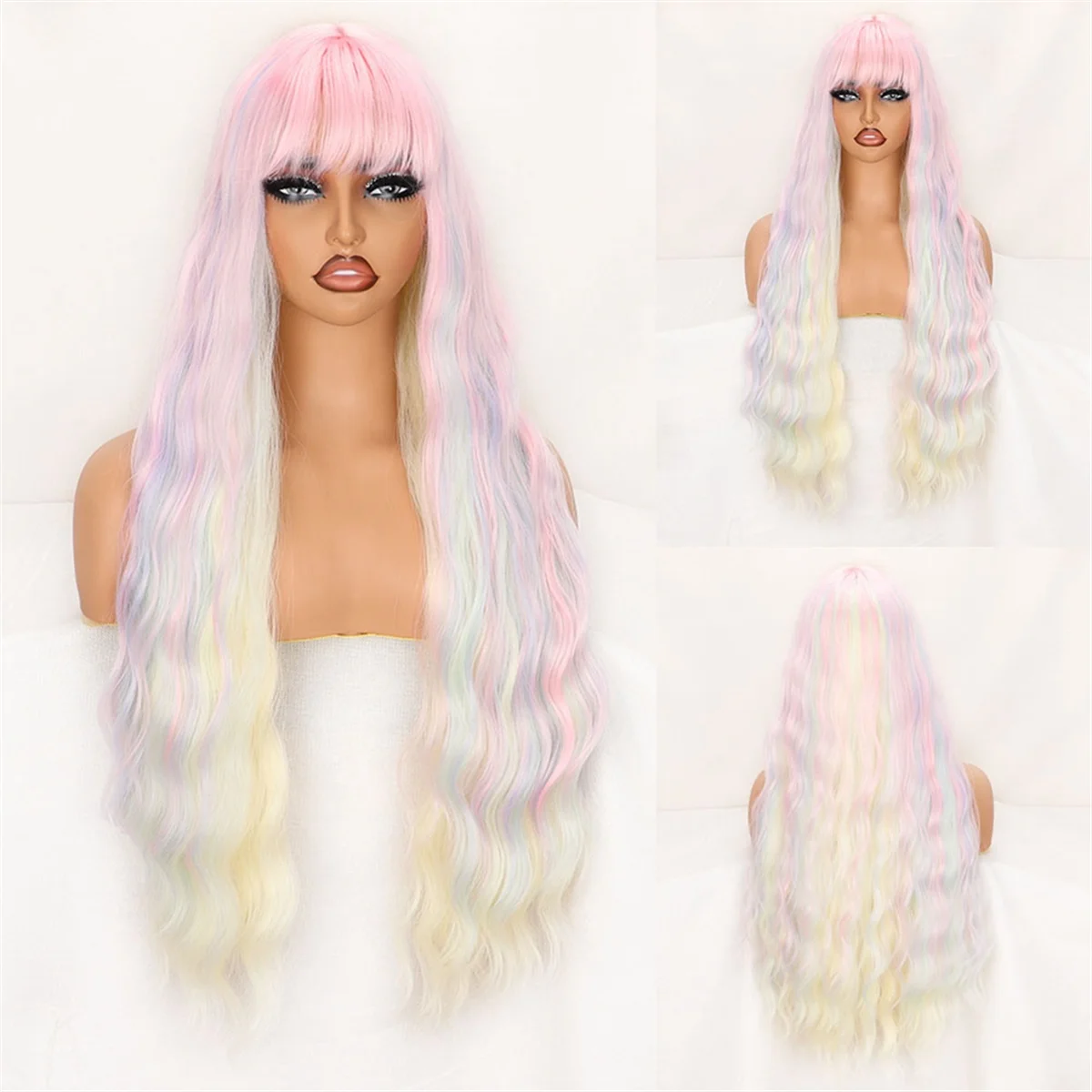 Wig pelangi warna-warni Wig bergelombang panjang Eropa & Amerika Wig Cosplay pesta harian anak perempuan lucu