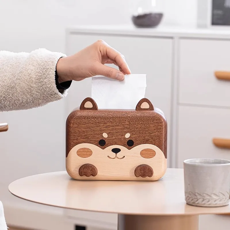 Cute Little Shiba Inu Solid Wood Tissue Box Bathroom Washcloth Kitchen Tissue Storage Box Living Room Creative Wooden Paper Box