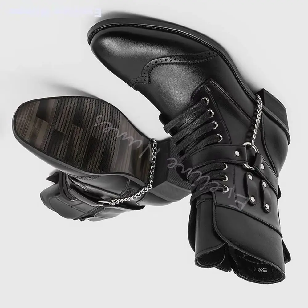 Punk Metal Chain Rivet Combat Boots Men Pointed Brogue Block Heel Lace‑Up Gothic Biker Mid‑Calf Boots Leather Motorcycle Boots