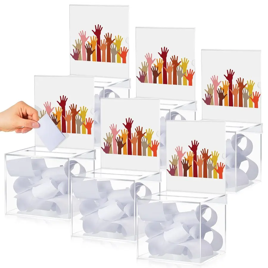 Scatola per donazioni in acrilico da 6 pezzi con fessura, 6 x 5 x 5 pollici Scatola per biglietti per lotteria trasparente per suggerimenti con cartello per la raccolta dei fondi, Raff