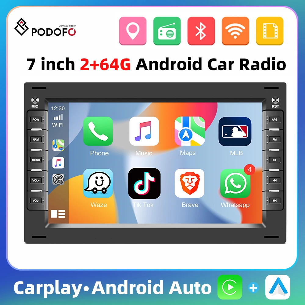 Podofo 7'' 2+64G Car Radio For Volkswagen Multimedia Player Carplay Android Auto GPS Navigation Bluetooth WIFI Hi-Fi Car Audio