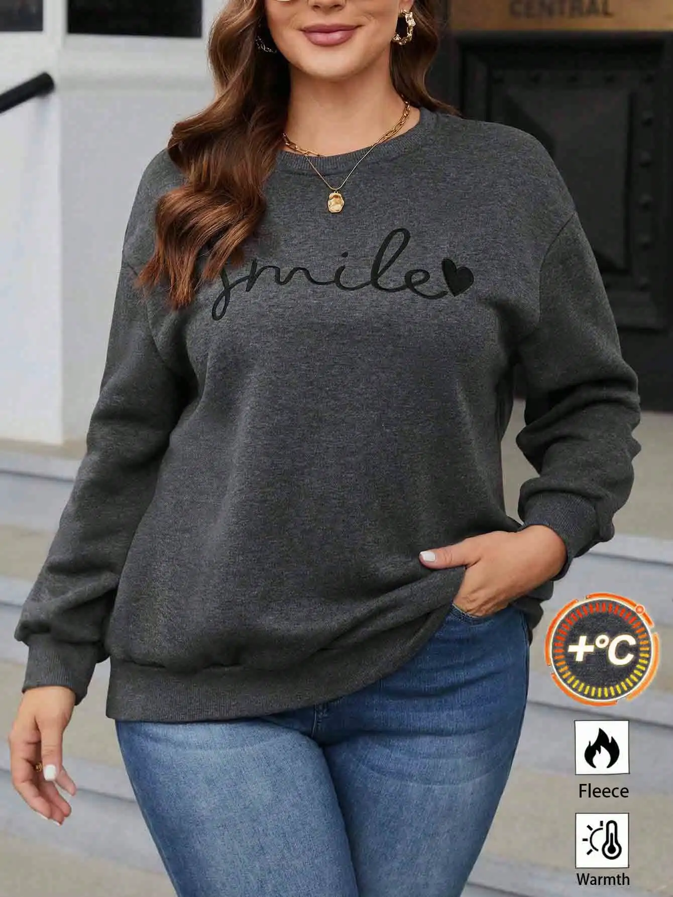 

Women's Drop Shoulder Sweatshirt with Smile Heart Embroidery, Casual Fall Winter Pullover