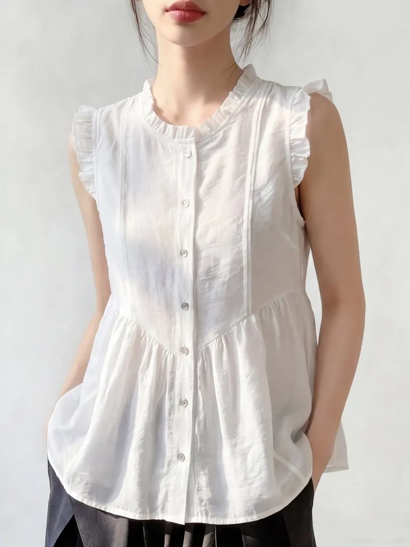 

White Linen Sleeveless Shirt Women Summer New Design Loose Top Shoulder Strap Vest Wooden Ear Korean Style Commute Wind